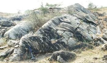 gebogene Faltenachse, mylonitische Gneise, Nebengestein des Granits von Vinukonda, Südindien.